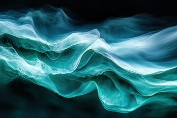 Close-up of the water surface, close-up of a wave in motion, blue-green and white colors, blurred background, dark atmosphere, wide-angle, high-resolution photography, hyper-realistic photography