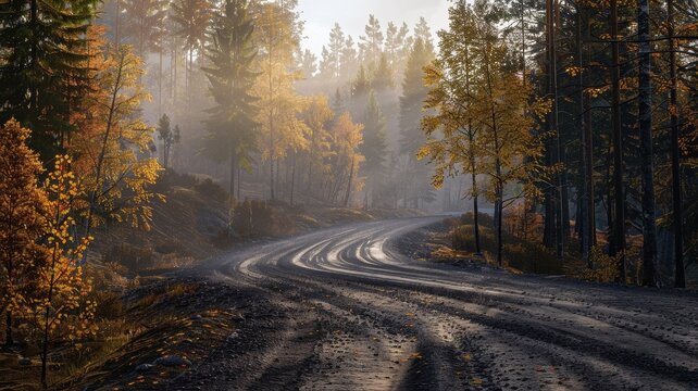 A picturesque gravel road winds through an autumn forest, illuminated by soft sunlight filtering through misty trees, creating a tranquil and inviting landscape.