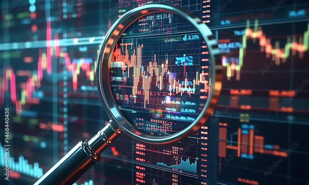 Poster a magnifying glass hovering over stock market charts, symbolizing the need for detailed analysis and