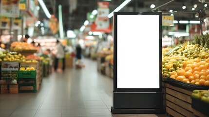 Obraz premium Blank digital display mockup in busy supermarket produce aisle for showcasing promotions and product information