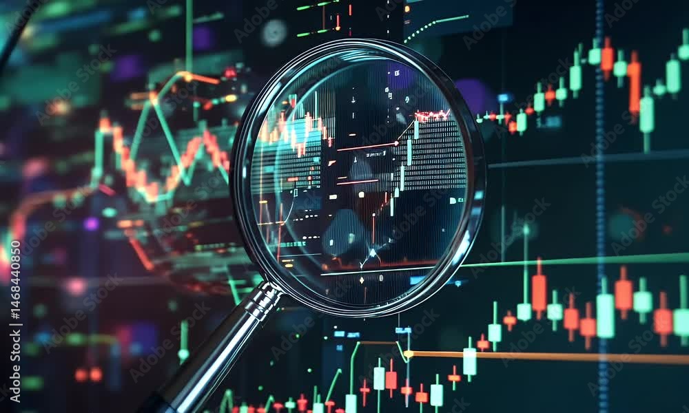 Poster a magnifying glass hovering over stock market charts, symbolizing the need for detailed analysis and