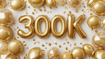 Golden balloons with the message 300k, celebrating reaching 300k followers