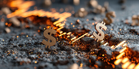 3D illustration of a falling golden graph with dollar signs. Concept of economic crisis.