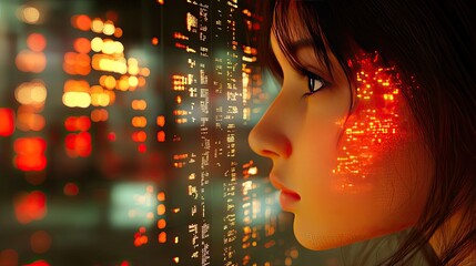 Woman with futuristic city, data, and profile.