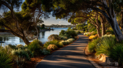 Obraz premium Winding tree-lined road in rural landscape under clear summer sky