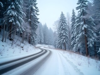 Obraz premium Winding road passing through snowy trees in winter landscape