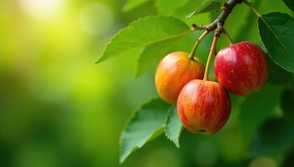 Abundant fruit hanging from a sturdy branch, outdoor shot , spring, harvest