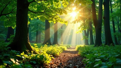 Bright sunlight streams through leaves, dappling the forest floor in radiant light , vibrant, botany