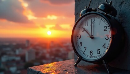 Clock showing time change, sun rising over cityscape , spring, highrises, adjustment