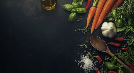 Dark background with copy space, cooking utensils and vegetables on the right side of the image. On top is an old wooden spoon surrounded by fresh herbs like basil leaves, rosemary sprigs