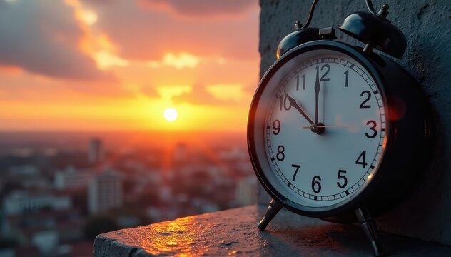Clock showing time change, sun rising over cityscape , spring, highrises, adjustment