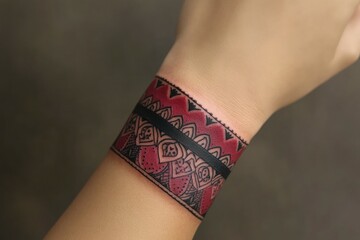Close-up of a vibrant, intricate wrist tattoo featuring geometric patterns and bold colors