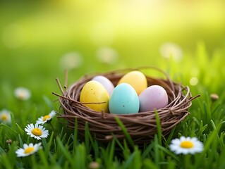 Fototapeta premium Happy Easter. Four speckled eggs sit nestled inside woven bird nest in grass. Small white flowers dot the green field. Sunlight shines on the soft background.