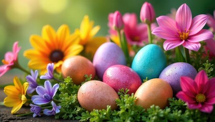 Fototapeta premium Colorful Easter eggs nestled amongst vibrant spring flowers, creating a festive arrangement , macro, blossom, Easter