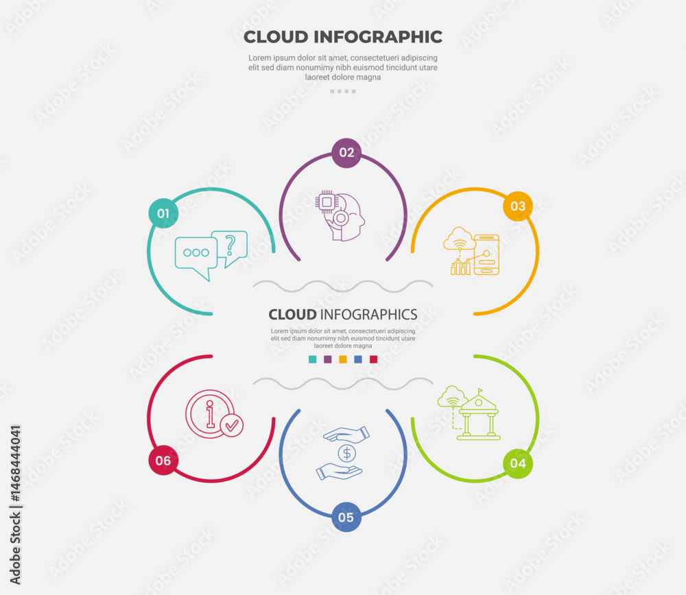 Poster cloud base shape infographic outline style with 6 point template with big circle circular cut slice 