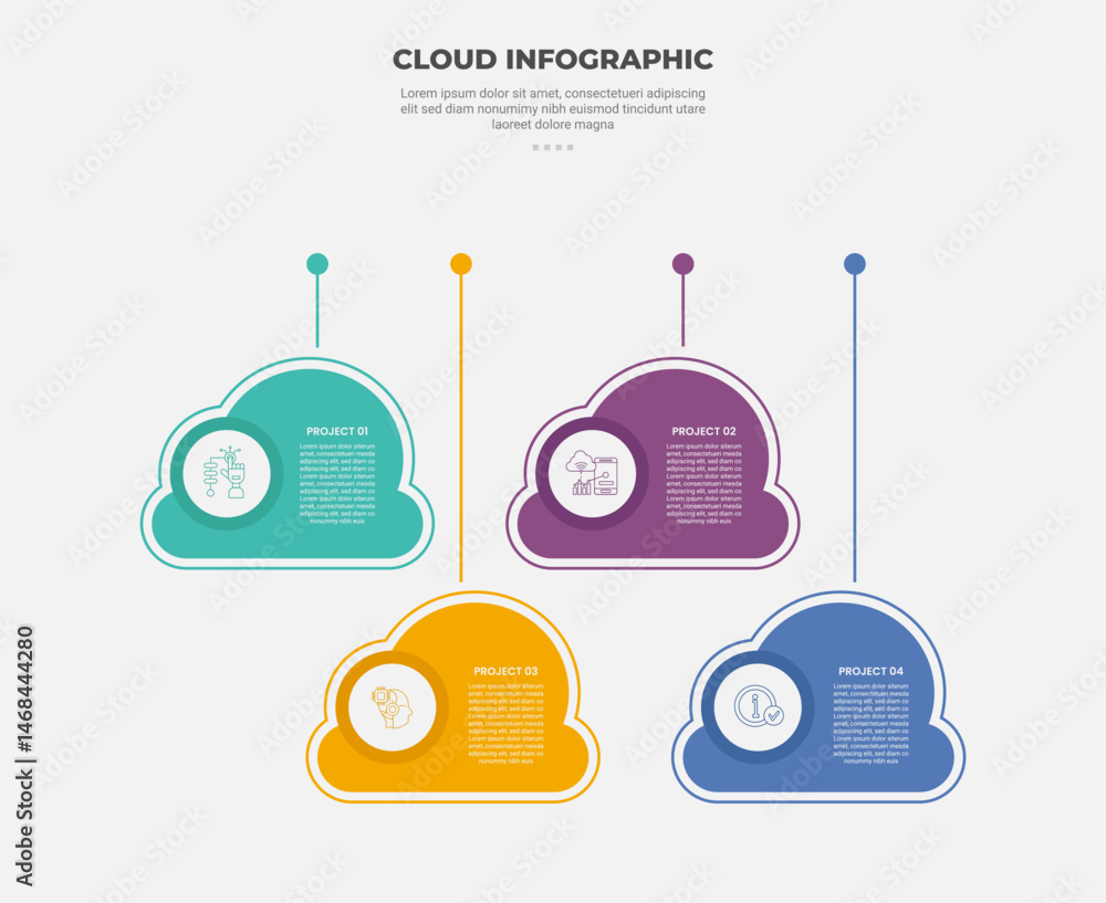 Poster cloud base shape infographic outline style with 4 point template with hanging cloud with line and ci