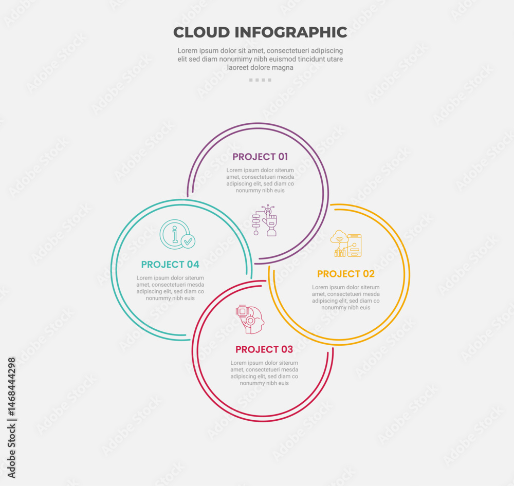 Poster cloud base shape infographic outline style with 4 point template with double line circle circular cy