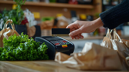 Close Up Of Hand Paying With Credit Card At Grocery Checkout