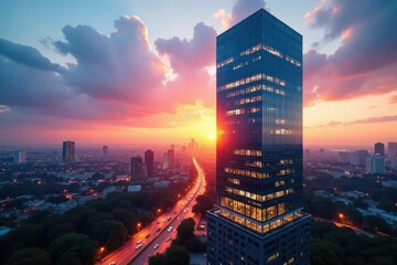 Modern glass skyscraper office building reflecting city skyline at sunset , contemporary, texture