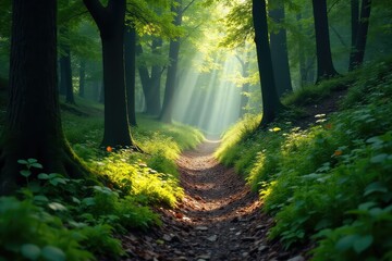 Obraz premium Narrow, mossy forest path, leading into deep shade, trees, calm, leaves