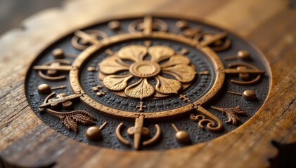 Obraz premium Reiki symbols etched in wood, close-up detail, therapy, vibrational healing, symbols