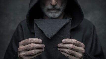Mysterious man in dark hood holding black envelope secret message post mail grey hands paper photo