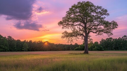 Fototapeta premium Vibrant Sunset Over a Field with a Single Tree