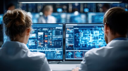 Two scientists working together on complex data analysis screens lab blue dark light coding future