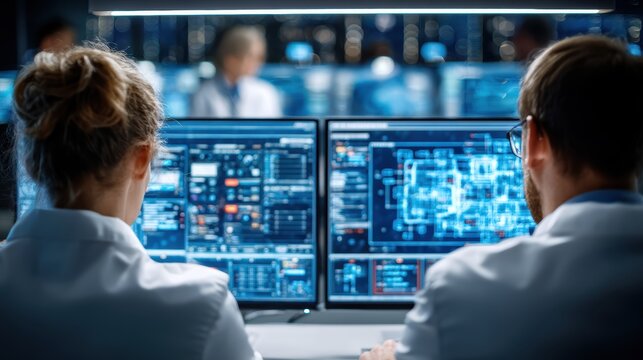 Two scientists working together on complex data analysis screens lab blue dark light coding future