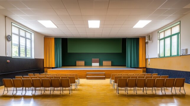 Empty school hall auditorium with stage, ready for event. Possible use Stock photo for event planning, school, venue rental, or empty room