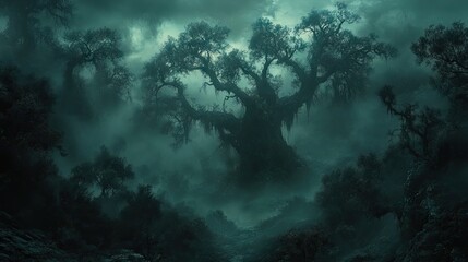 Obraz premium Mysterious, ancient trees in a dense, misty forest.