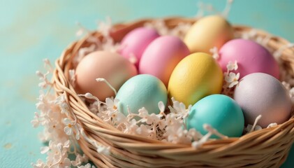 Vibrant pastel-colored Easter eggs in a basket, showcasing a variety of spring colors , pattern, green