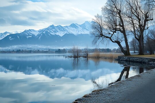 Water reflects the snowy mountains near bare trees and the shore in winter