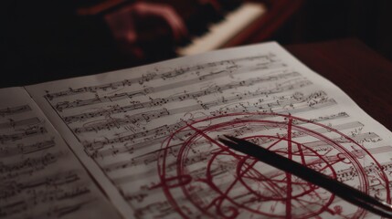 Fototapeta premium Close-up of musical score with arcane symbols.