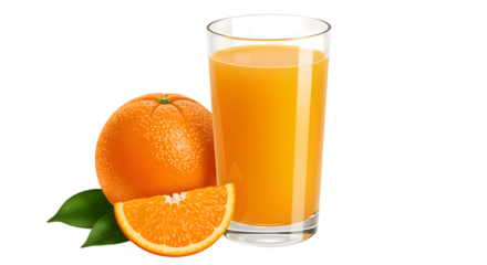 Fresh Orange Juice in Glass with Orange Fruit Slice on Transparent Background