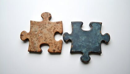 Fototapeta premium Two pieces of a jigsaw puzzle on a white surface.