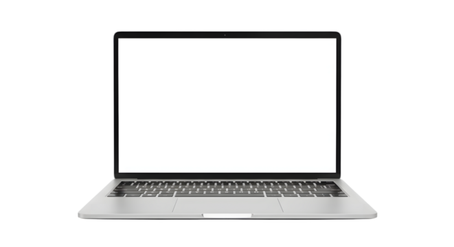 Modern Silver Laptop with Blank White Screen on Transparent Background