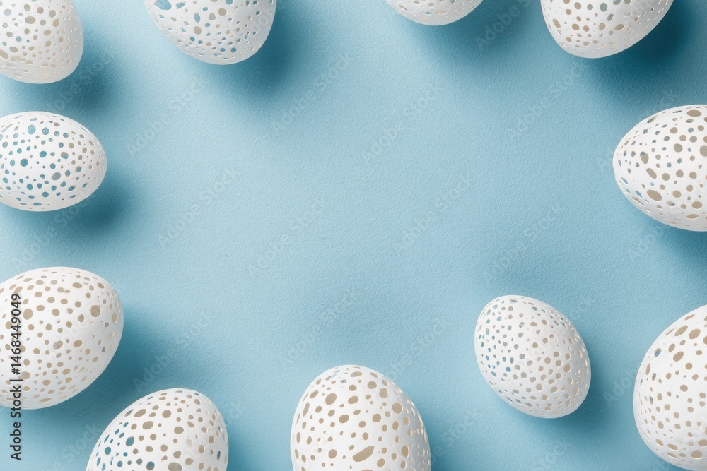 Poster dotted eggshell shapes create a whimsical circle design on soft pastel blue surface generative ai