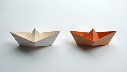 Two folded paper boats on a white surface.