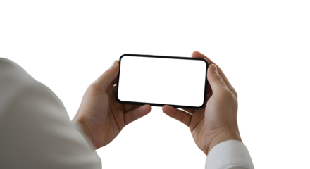 Man Holding Smartphone with Blank Screen on Transparent Background