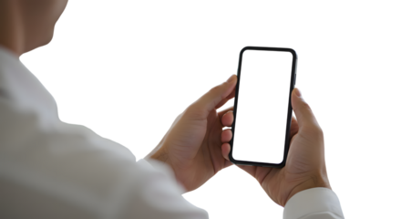 Man Holding Smartphone with Blank Screen on Transparent Background
