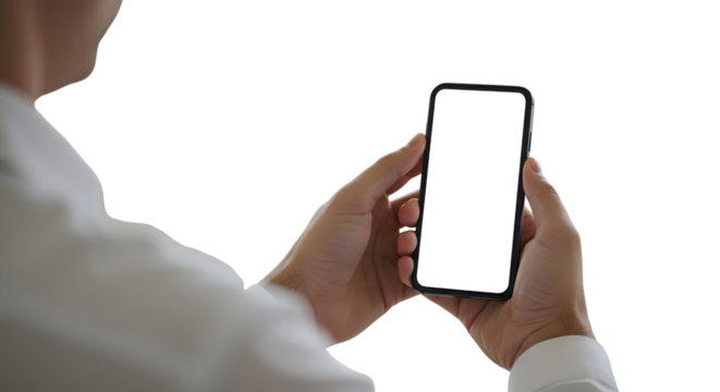 Man Holding Smartphone with Blank Screen on Transparent Background