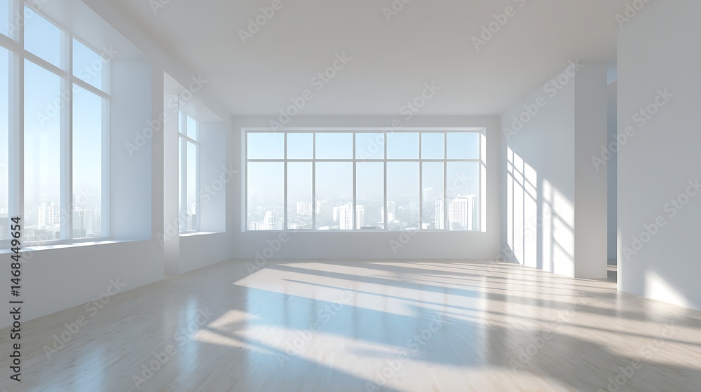 Aufkleber bright, empty room with large windows and natural light casting shadows in a modern space