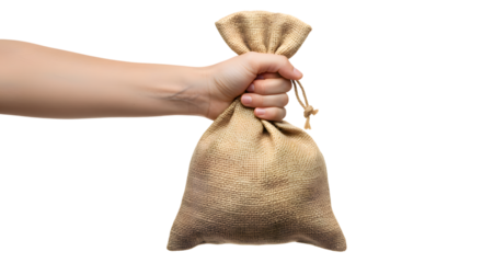 Hand Holding a Burlap Sack on Transparent Background