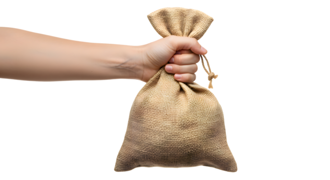 Hand Holding a Burlap Sack on Transparent Background