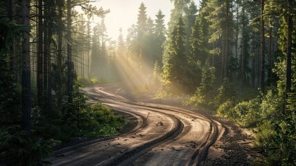 Fototapeta premium A captivating view of a winding gravel track surrounded by lush forest, with soft rays of sunlight filtering through the trees, creating a serene atmosphere.