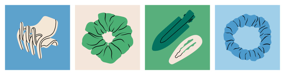 Set of posters with hair accessories. Hair claw clip, scrunchies and hair pins. For blog posts, promotional material, social media content, and advertising campaigns. Vector illustration.