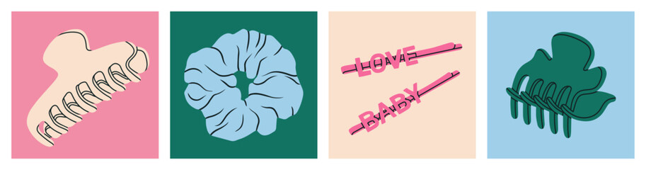 Set of cute posters with hair accessories. Hair claw clips, scrunchies and hair pins. For blog posts, promotional material, social media content, and advertising campaigns. Vector illustration.