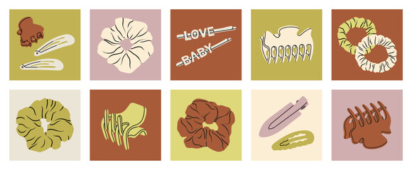 Collection of stylish hair claw clips, barrettes and hair pins. Can be used in fashion concepts, beauty magazines, online stores, hairstyle guides, and commercial branding. Vector illustration.