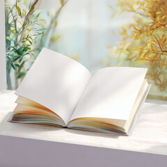 A beautiful open book with white pages rests on a marble windowsill near a sunlit window.
